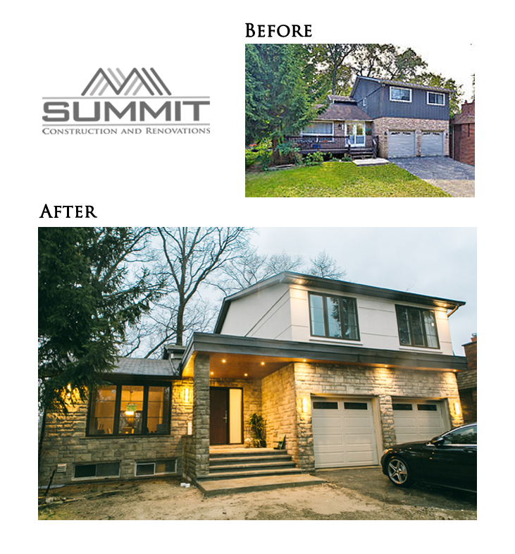 Complete exterior makeover, creating new concrete porch, decorative wood ceiling, bricks and stucco finishing, installing exterior pot lights